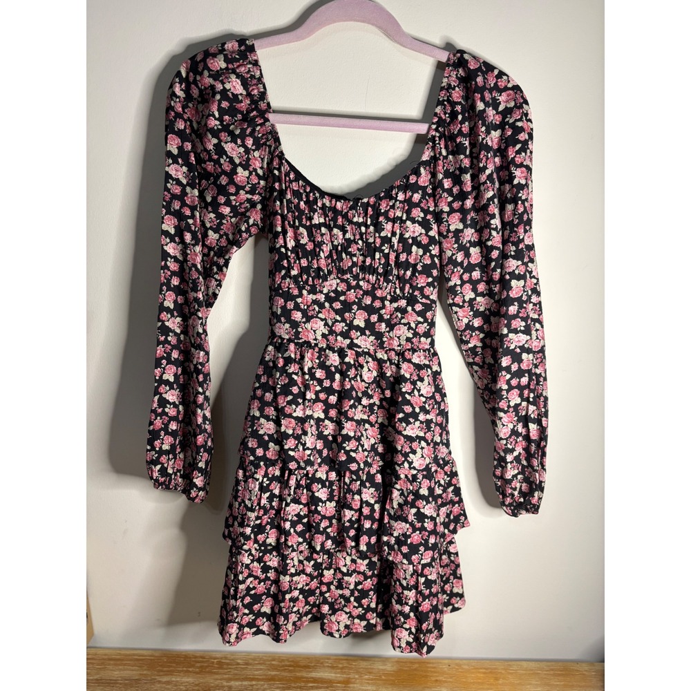 Alrar'd State Floral Long Sleeve Mini Dress Pink Black Smocked Tiered Ruffle XXS